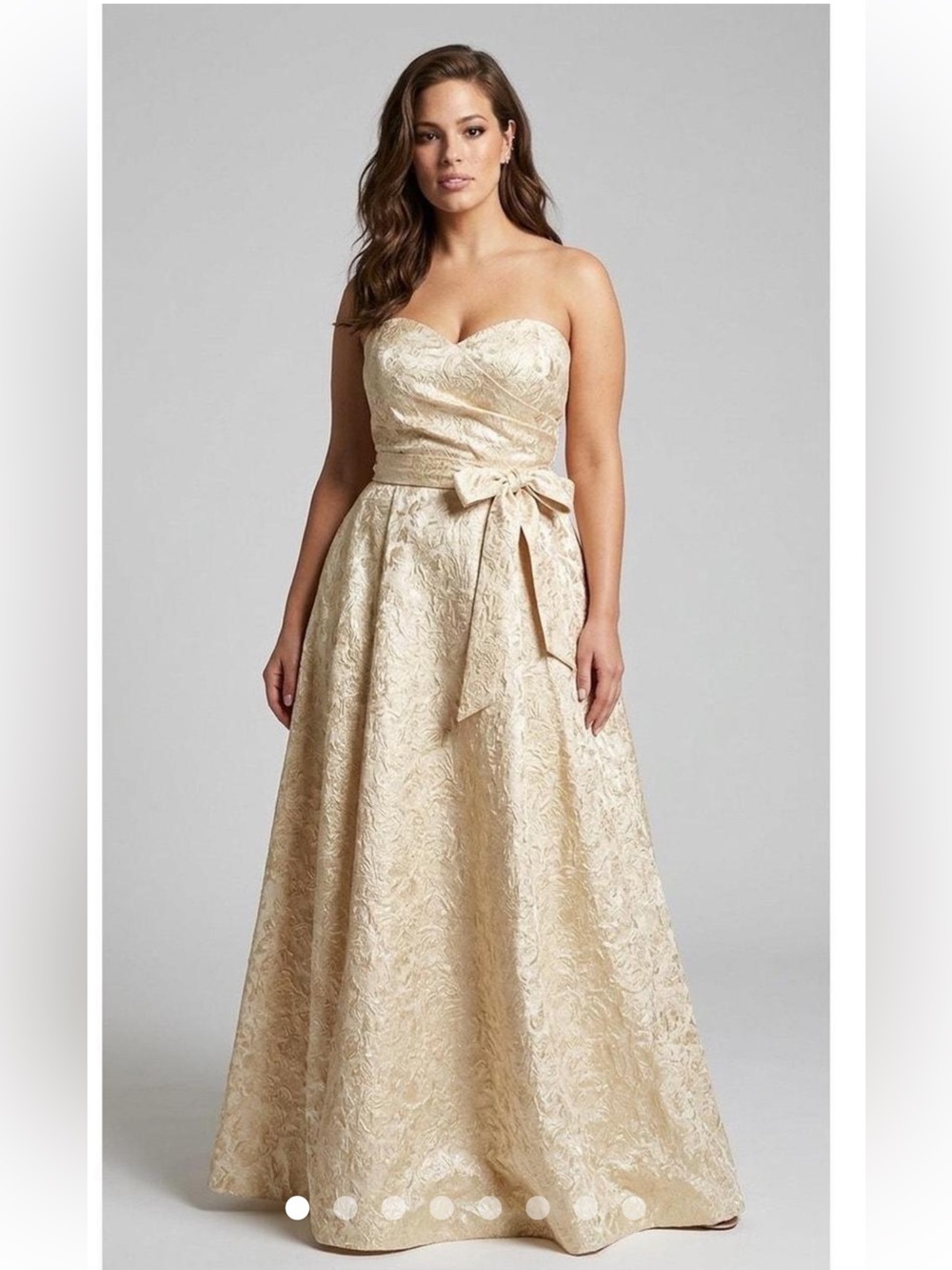 Rene Ruiz Gold Metallic Jacquard Strapless Bow Evening Gown Dress Size 8 NWT